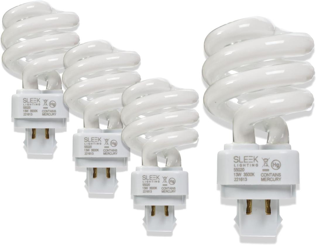 13 Watt T3 Spiral CFL 4 Pin G24Q-1 Base Light Bulb 3500K 800lm - Compact Fluorescent -Neutral White Light 4pack
