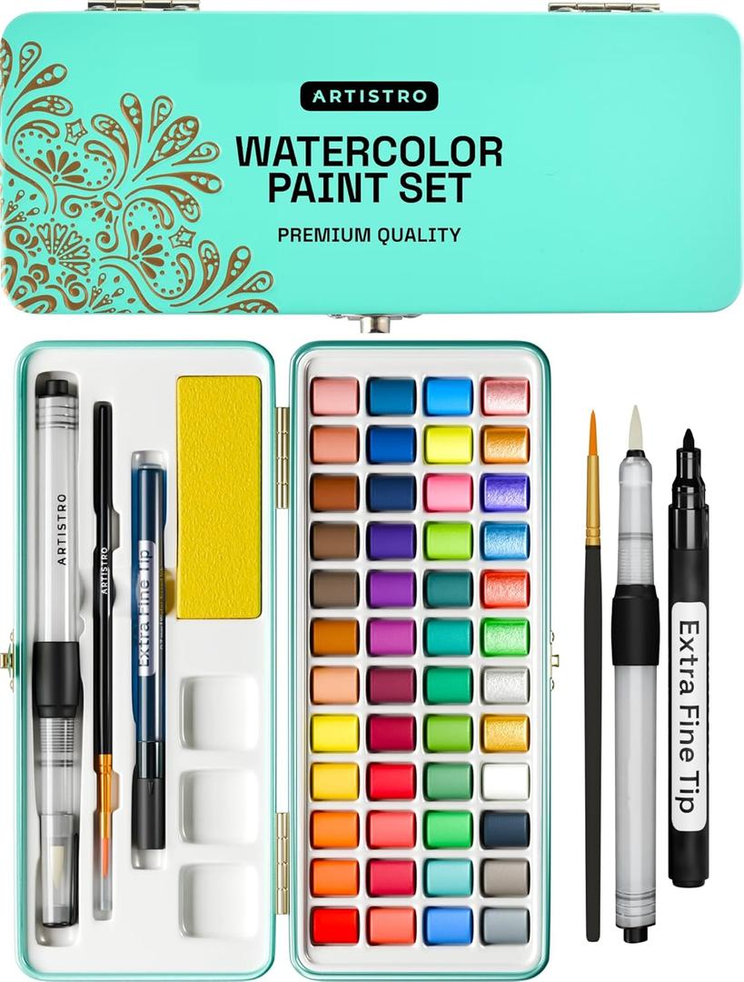 ARTISTRO Watercolor Paint Set, Vivid Colors in Portable Box, Palette set, Including Metallic and Fluorescent Colors. Perfect Travel Watercolor Set for Artists, Amateur Hobbyists and Painting