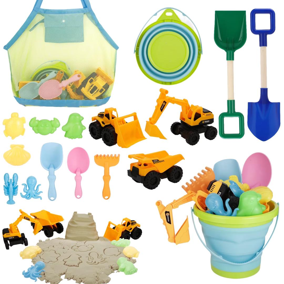 Beach Toys, 14Pcs Sand Toys with Construction Vehicle and Collapsible Beach Bucket, Animal Sand Mold Sets, Watering Can,Shovel Set with Mesh Bag,Summer Outdoor Play Travel Sandbox Gift for Boys Girls