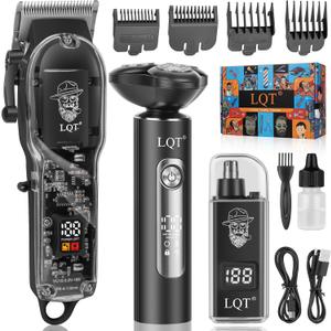 Hair Clippers for Men with LED Display, 3-Piece Professional Grooming Kit with Magnetic Attachment Shaver & Nose Trimmer, Complete Cordless Rechargeable Barber Set for Home