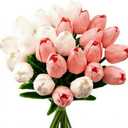 28 Pcs Artificial Tulips, 13.5 Inches PU Faux Tulip Flowers for Spring Easter Celebration Mothers Day Brunch Table DecorWhite+Pink
