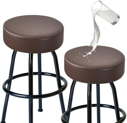 FUANGUI Bar Stool Covers Round Set of 2, Waterproof PU Bar Stool Seat Covers with Elastic Bands,Bar Stool Chair Covers Washable Stool Cushion Slipcover for 16-18 Inch - Coffee