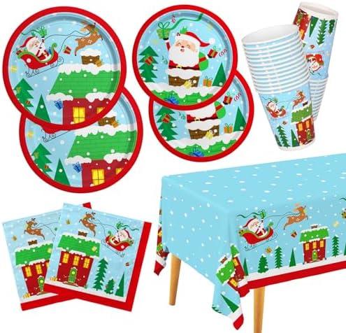 Christmas Party Supplies - Christmas Santa-Themed Disposable Paper Plates, Napkins and Cups Set with Waterproof Plastic Tablecloth - Perfect Party Decorations，Serve 25