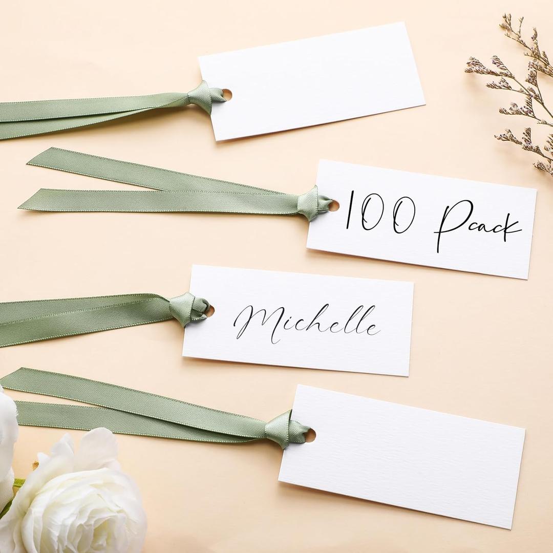 100 Pcs Name Place Cards for Table Setting Blank Wedding Place Cards with Satin Ribbon 1.57 x 3.54 Inch Hanging Gift Tags for Wedding Dinner Banquet Party Table Setting Supplies (Sage Green)