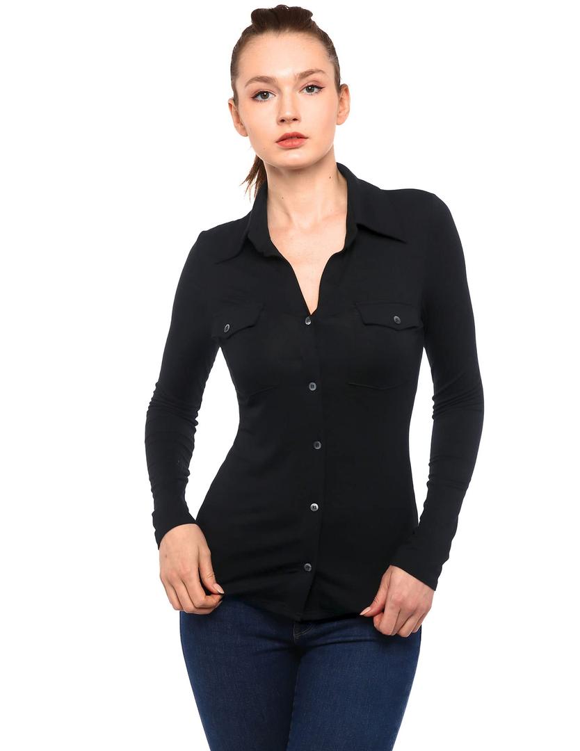 AmélieBoutik Women Collar Button Up Short/ Long Sleeve Blouse Shirt(Black X-Large)