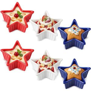 Reallnaive 6 Pcs Patriotic Ramekin Star Shaped Bowls Patriotic Star Shaped Dessert Bowl 3.54 x 3.54 x 1.57 Inch Creme Brulee Ramekins Oven Safe Ceramic Serving Dish for Souffle Snacks Quiche Sauces