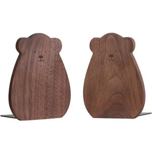 Muso Wood Bookends for Shelves, Decorative Book Ends for Children, Non-Skip Wooden Bookends for Office/Home/School (Walnut 1 Pair)