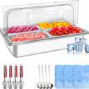 Countertop Ice Food Serving Display Tray with 4 Pan, Portable Salad Bar Buffet Station for Home, Stainless Steel Cold Food Buffet Server with Clear Roll Top Cover, 3 Ice Packs