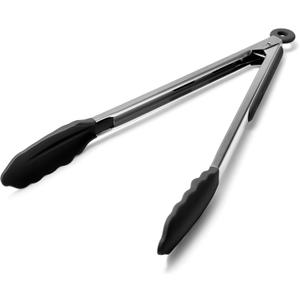 Doosu Kitchen Tongs for Cooking - 600F Heat Resistant Food Tong with Non-Scratch Silicone Tips, Heavy Duty Stainless Steel Locking Tong for BBQ, Grilling Steak, Serving Salad, Pasta (12in, Black)