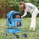 FDW Pet Stroller 4-Wheel Dog Cat Stroller Travel Folding Carrier Puppy Stroller with Cup Holder and Removable Liner for Small Medium Dogs Cats, Blue