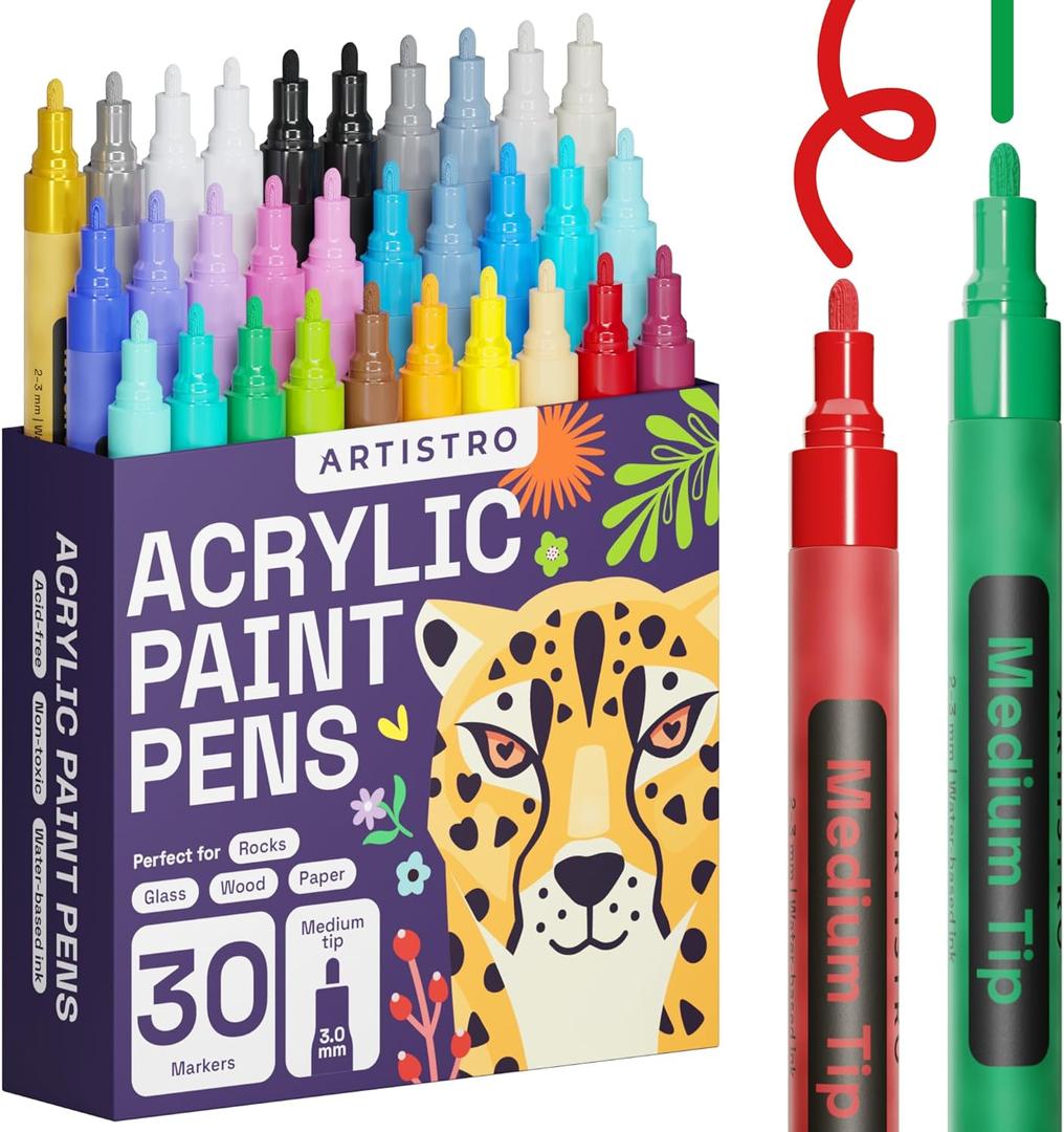 ARTISTRO 30 Acrylic Paint Markers Medium Tip- Easy for All Ages & Levels Acrylic Paint Pens for Fabric, Rocks, Paper, Wood, Canvas, Glass, DIY