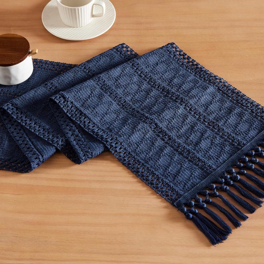 ZeeMart Macrame Style Boho Table Runner, Navy Table Runners 60 Inches Long, Farmhouse Woven Home Decor, 12x60 Inch, Navy Blue