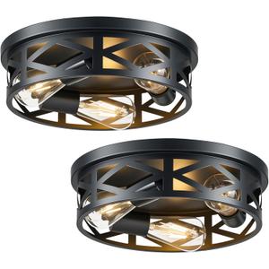 VONLUCE Flush Mount Ceiling Lights, 3-Light Hallway Ceiling Lighting Fixtures, 13 inch Farmhouse Metal Cage Ceiling Lights for Entryway Kitchen, Adjustable Lamp Holders, 2 pcs, Black