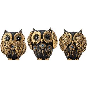 Decorative See No Evil Hear No Evil Speak No Evil Owl Figurines, Set of 3, Vintage Black Decor With Evil Eye, 3 Wise Owl Statue for Bookshelf, Living Room, Office & Table.Boho Gifts for Women (Black)