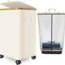 Laundry Hamper with Wheels,20 Gal (75L) Laundry Basket with lid Rolling Clothes Hamper Foldable Dirty Clothes Basket on wheels with Bamboo Frame and Bag for Bedroom, Dorm, Laundry Room-Off White