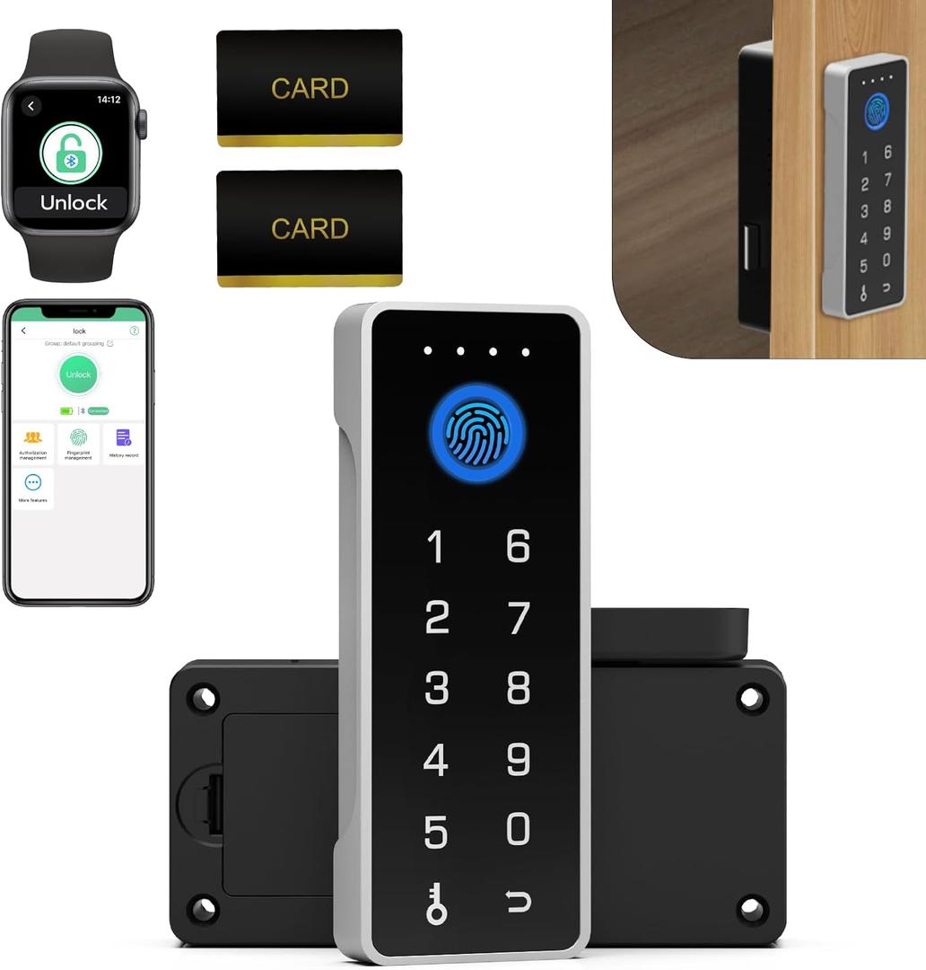 Smart Cabinet Lock with Fingerprint and Password eLinkSmart RFID NFC Child Safety Lock with APP Perfect for Liquor File Drawers Locker Cupboard Closets No Drilling Fix All Thickness (Wired-VSilver)