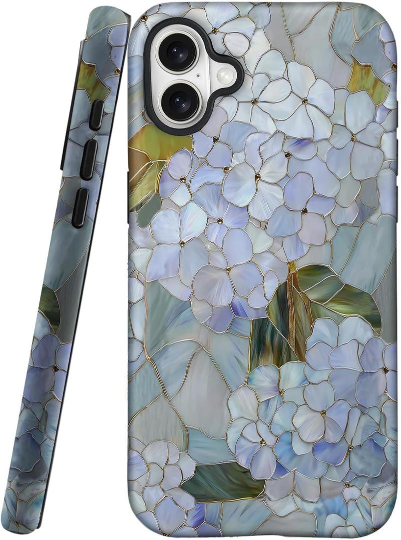 Mainrenka Blue Floral Art Phone Case for iPhone 16, Vintage Cute Aesthetic Phone Cases Shockproof Design Trendy Stylish Kawaii Protective Cover Women Girls