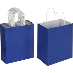 Oikss 50 Pack 8x4.75x10 Inch Medium Royal Blue Kraft Paper Bags with Handles Bulk for Birthday Wedding Party Favors Grocery Retail Shopping Takeout Business Goody Craft Gift Bags Sacks, (50pcs Count)