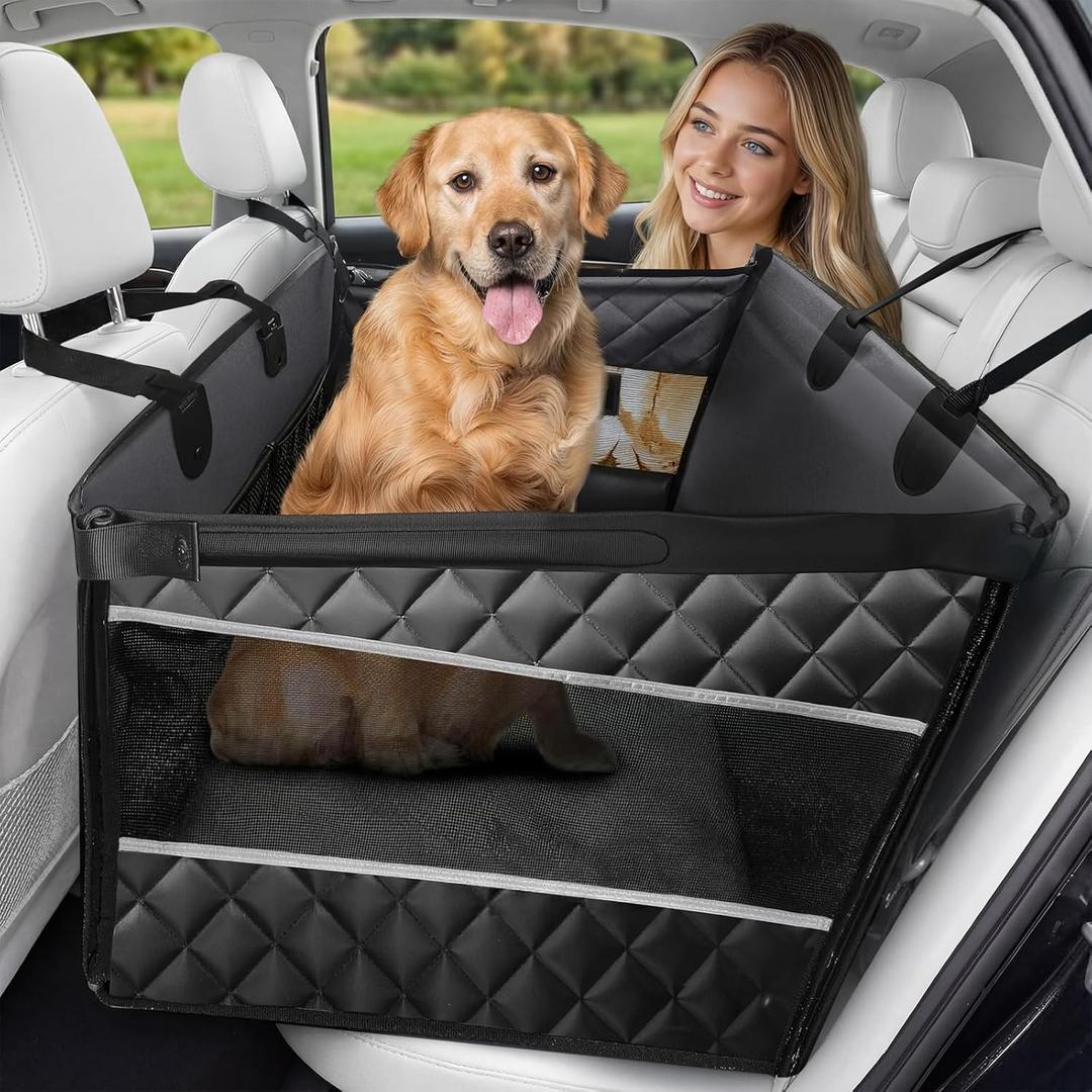 Large Dog Car Seat Integrated Hard-Back, Durable Waterproof Rear Seat Extension Pad Features Dual mesh Windows and Storage Pockets Fits sedans, SUVs, and Trucks