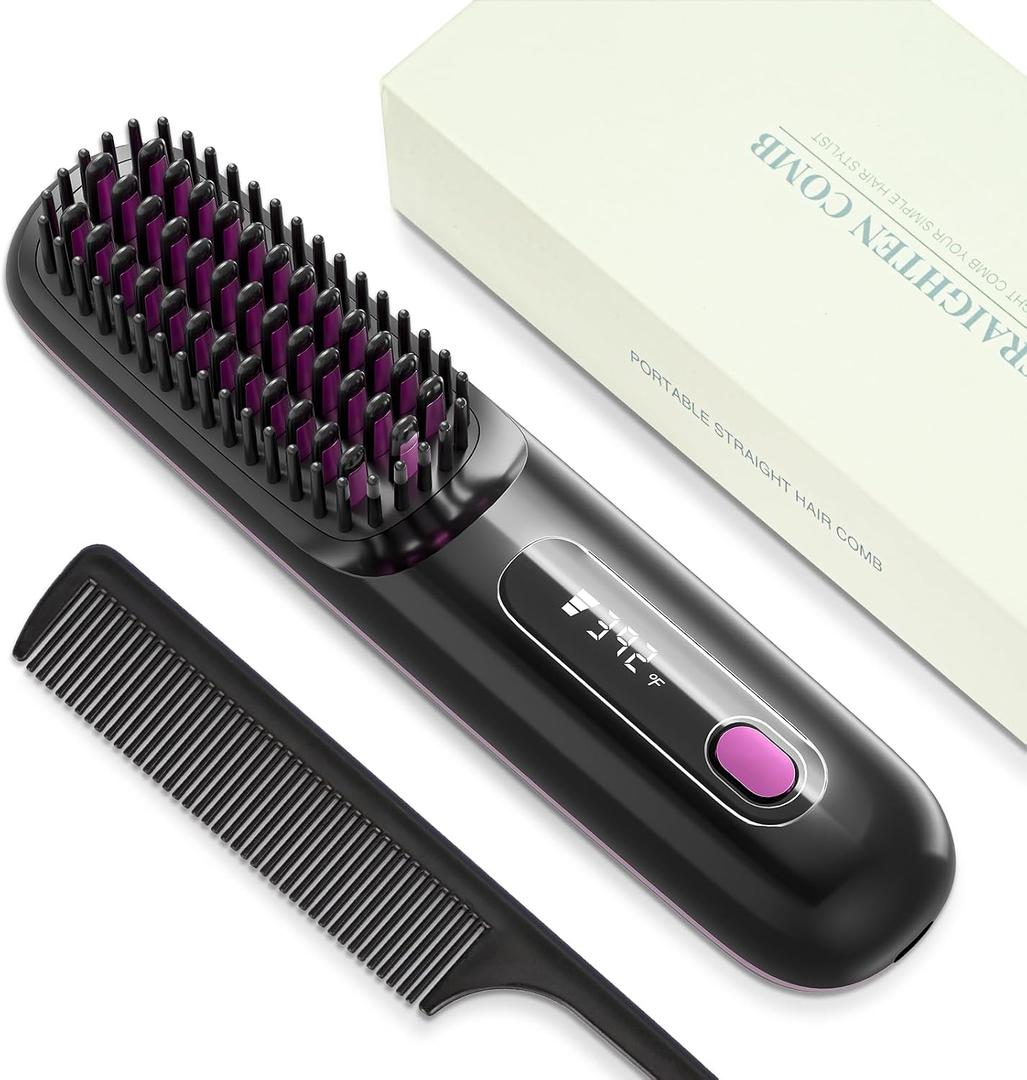 Cordless Hair Straightening Brush, Ceramic Ionic Anti-Frizz Hair Brush, 30 Second Quick Heat Up, Adjustable Temperature, Travel Portable Styling Tool for All Hair TypesMidnight Black