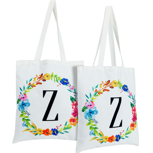 Set of 2 Reusable Monogram Letter "Z" Personalized Tote Bags for Women, Floral Design (29 Inches)
