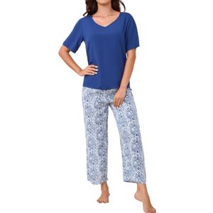 Chunoy Women Pjs Sets Short Sleeve V Neck Sleepwear Top and Capri Pant 2 Piece Lounge Wear Pajama Set Light Blue Small