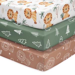 Baby Mini Crib Sheets Boy, Portable 38x26 Pack and Play Sheets Fitted for Playard and Pack N Play Mattress, 3-Pack Soft Microfiber Brown Lion (38x26x6 Inch (Pack of 3), Brown Green Lion)