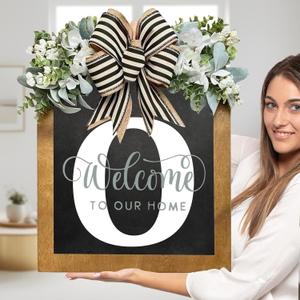 Last Name Welcome Sign for Front Door-14"x12", Wreaths for Front Door, 26 Letter Front Porch Decor Wreaths, Welcome Sign with Eucalyptus Garland and Bow, Wooden Farmhouse Wall Decor, Housewarming Gifts (O)