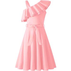 Arshiner Girls Dress One Shoulder Formal Ruffle Trim Birthday Party Dresses with Belted Pockets, Size 14