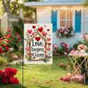 3 x CROWNED BEAUTY Valentines Day Garden Flag Love Begins at Home 12x18 Inch Double Sided Hearts Floral Welcome Decoration for Outside Yard