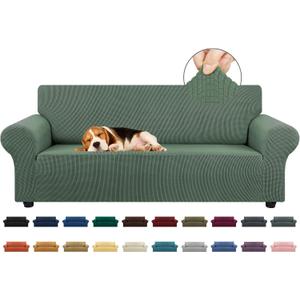 KEKUOU Stretch Sofa Cover Slipcover 1 Piece Couch Sofa Cover (79"-94") Furniture Protector 3 Seater Sofa with Elastic Bottom for Kids, Pet.Jacquard Small Checked Pattern Fabric(Large, Greyish Green)
