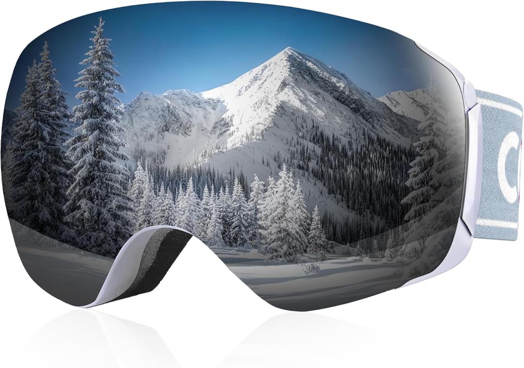 COOLOO Snow/Ski Goggles, Snowboard Goggles for Men Women Youth -OTG, Magnetic Lens Frameless Anti Fog 100% UV Protection (02. White Frame, Silver Revo Lens, Vlt 9.5%)
