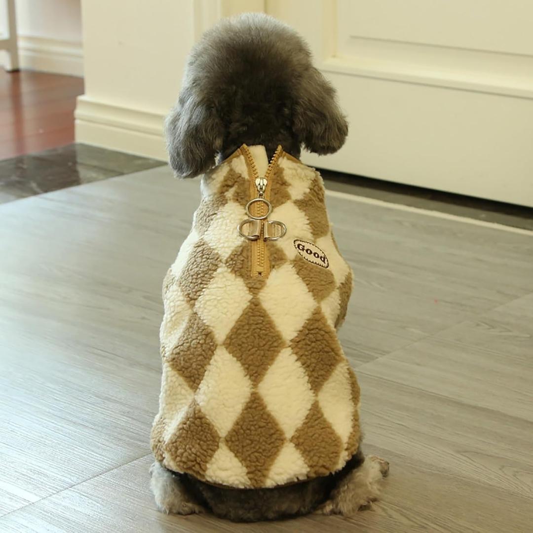 Warm Fleece Dog Coat, Dog Sweater with Leash Ring, Plaid Puppy Clothes for Chihuahua Doggy Yorkie Cats(Brown,XX-Large)