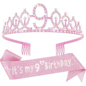 Canitor Birthday Decorations for Girls - Crown Tiara Sash Set and Headband Gift (9 Years Old)