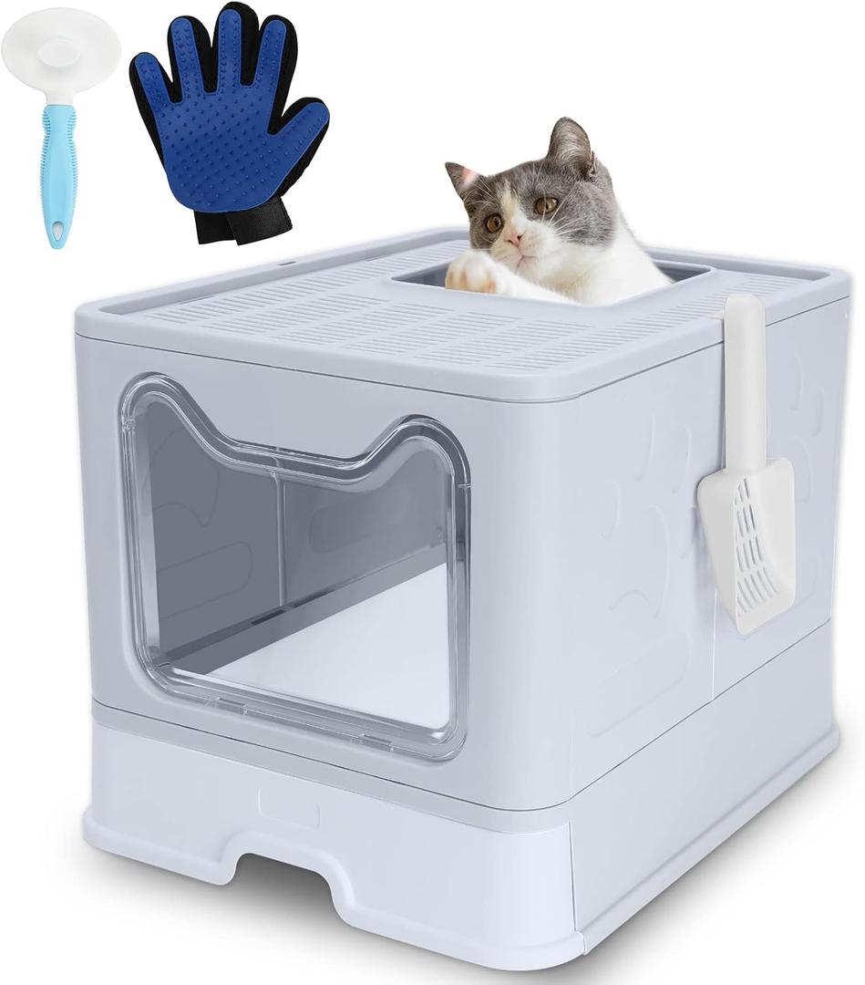 ROCCS Foldable Cat Litter Box with Lid,No Smell Large Top Entry Litter Box with Cat Litter Scoop,Covered Drawer Type Kitty Potty,Including Fur Brush & Cleaning Glove,Grey 20" x 16" x 15"