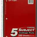 Top Flight Standards 5-Subject Wirebound Notebook, 200 Sheets, 3-Hole Punched, College Rule, 10.5 x 8 Inches, 1 Notebook, Color May Vary (31820)