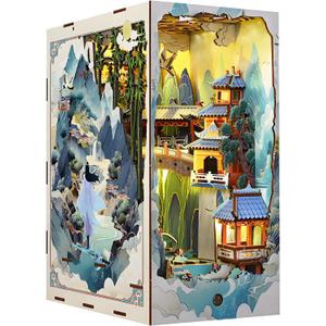 Book Nook Kit for Adults, DIY Dollhouse Booknooks Penglai Wonderland Ancient Chinese Landscapes Bookshelf Insert Decor with Dust Cover 3D Wooden Assembly Model Decoration Creative Gift