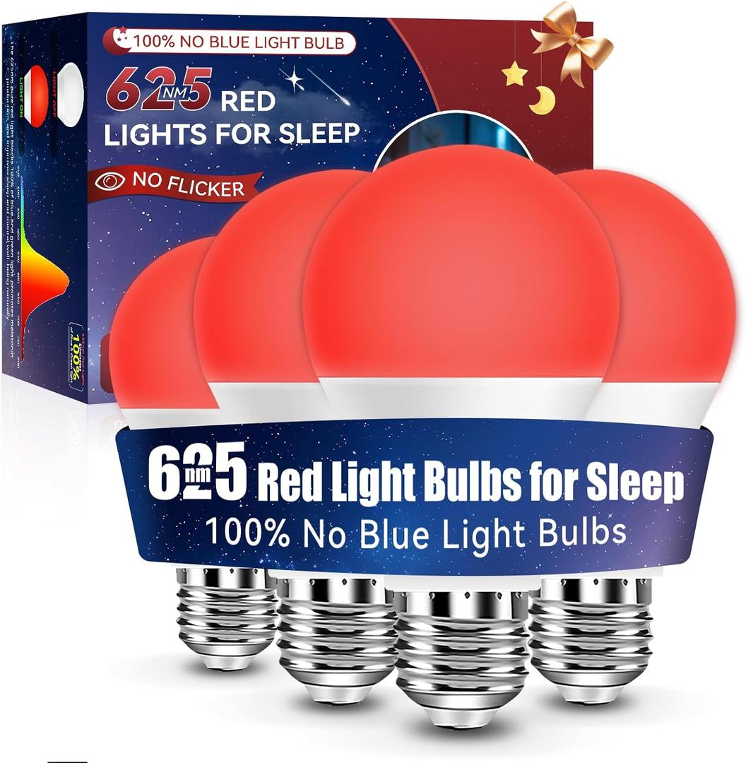 Neporal 625nm Red Light Bulbs for Sleep 9W, 100% Blue Light Blocking Red Night Light, Sleep Light Bulb for Melatonin Promoting, A19 60W Equivalent Dim Light Bulbs for Bedroom, Baby Nursery,4 Packs