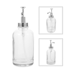 Dish Soap Dispenser for Kitchen, Hand Glass Soap Dispenser Set with Pump, Tray, Funnel for Bathroom, Shower, Laundry, Liquid, Lotion (Silver 2 Pack