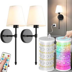 Wireless Wall Sconces Set of Two Battery Operated, Rechargeable Wall Lamp with 10000 mAh Dimmable Bulb & Remote, 10 Colors Wall Lights for Bedroom Living Room Hallway Wall Decor