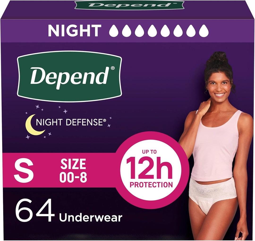 Depend Night Defense Adult Diapers, Incontinence & Postpartum Bladder Leak Underwear for Women, Disposable, Overnight, Small, Blush, 64 Count (4 Packs of 16) 