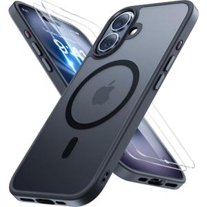 Miracase Magnetic for iPhone 16 Case [with 2X Screen Protectors] [Compatible with MagSafe] Slim Thin Phone Case Military-Grade Protected for iPhone 16 Cover Bumper, Black
