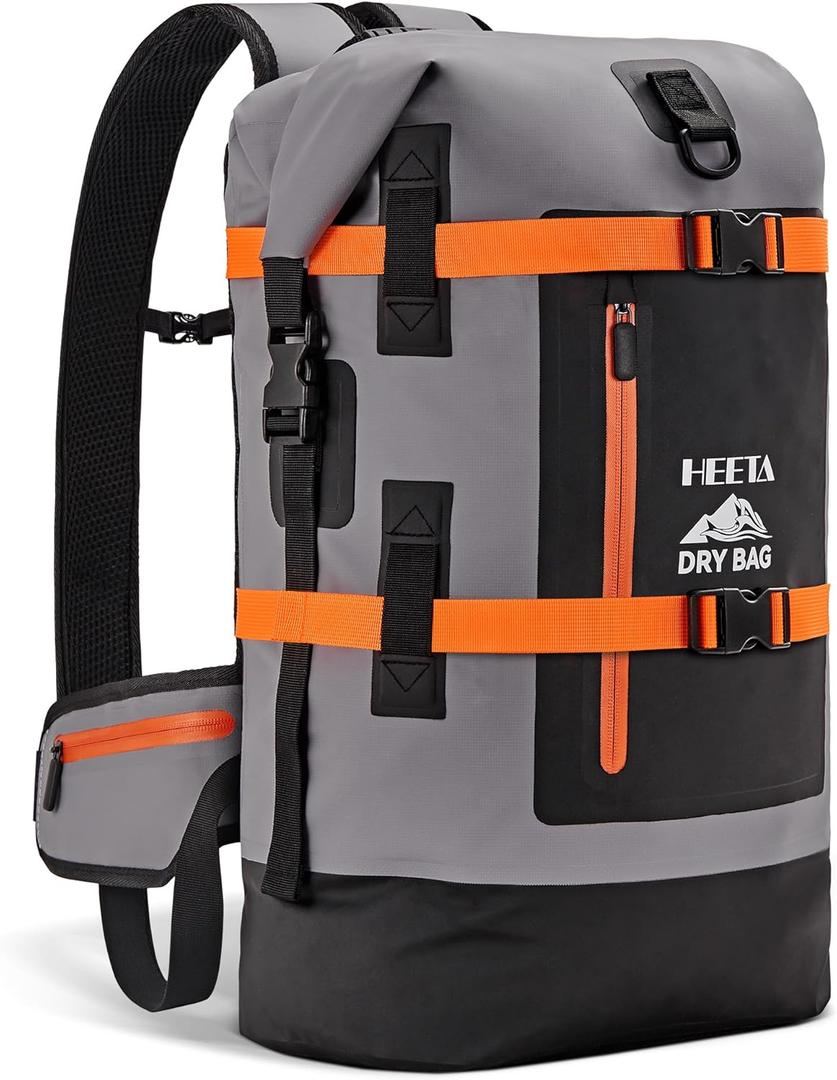 HEETA Dry Bags Waterproof Backpack 40L for Men & Women, Roll Top Heavy Duty Cushioned Hiking Backpack for Kayaking Boating Paddle Boarding Fishing Travel Camping Beach Vacation Cruise Ship Essentials (Grey)