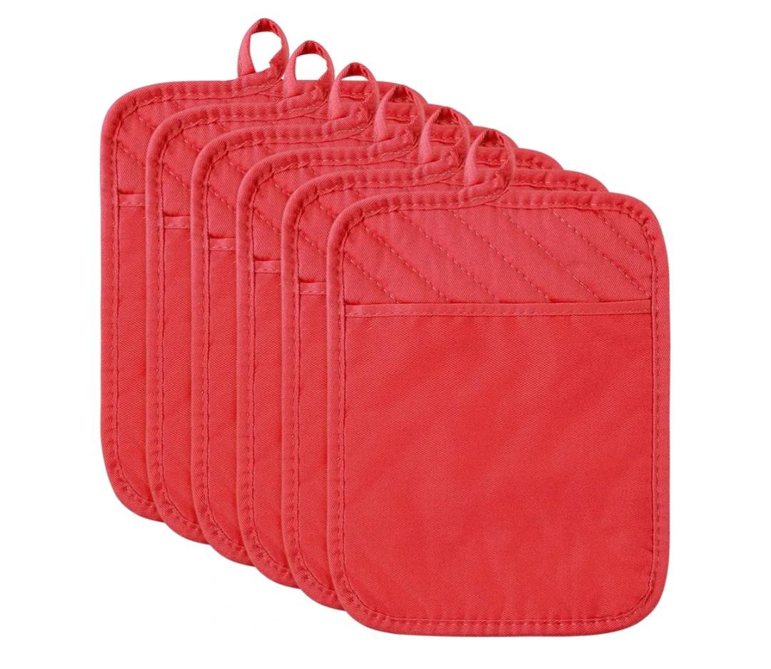 R HORSE 6Pcs Christmas Red Pot Holders with Pocket for Kitchen Cotton Pocket Pot Holder Set Heat Resistant Potholder Terry Coaster Oven Mitts Hot Pads Trivet for Baking Cooking 7''x9''