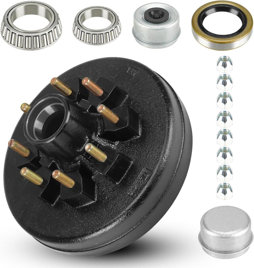 Trailer Brake Drum Kit, 8-Hole, 6.5" Bolt Circle Brake Drum for 7000 lb Axles, Replacement Brake Hub Drum Assembly for Rvs, Trailer and Semi Truck