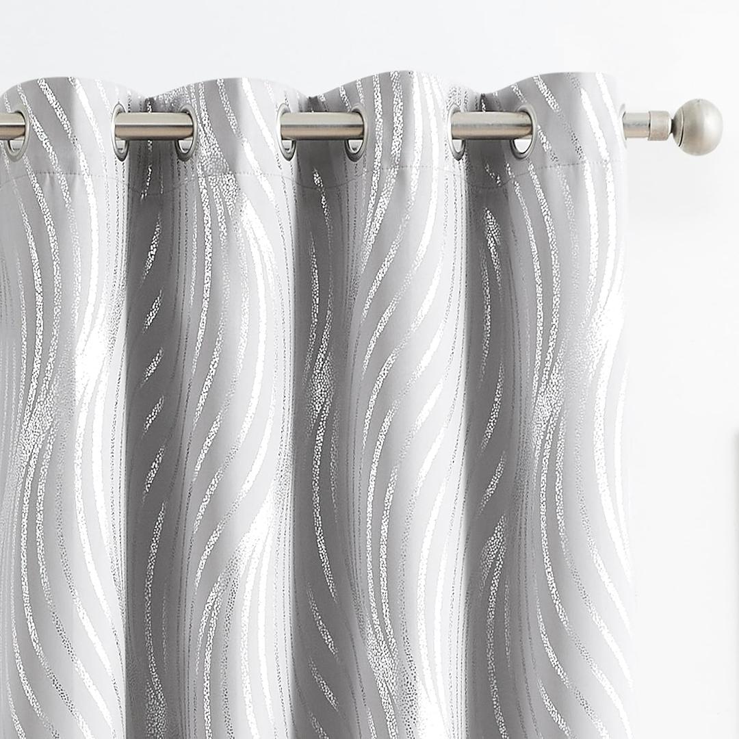 100% Blackout Curtains for Bedroom, Grey Silver Foil Pattern Curtains 72 Inch Length Living Room Darkening Thermal Insulated Metallic Silver Wave Print Drapes Grommet Window Curtains 2 Panels