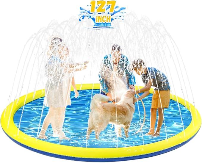 127 inch Extra Large Non-Slip Splash Pad Sprinkler for Kid and Dog, Kiddie Dog Pool, Toddler Outdoor Toys for Ages 3-12 Boys Girls, Summer Outdoor Water Kids Toys, Parent Games, Backyard, Lawn