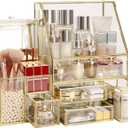 Large Glass Makeup Organizer Drawer Set Beauty Storage Bathroom Counter Organizer Cosmetic Display with Pearl (16in)