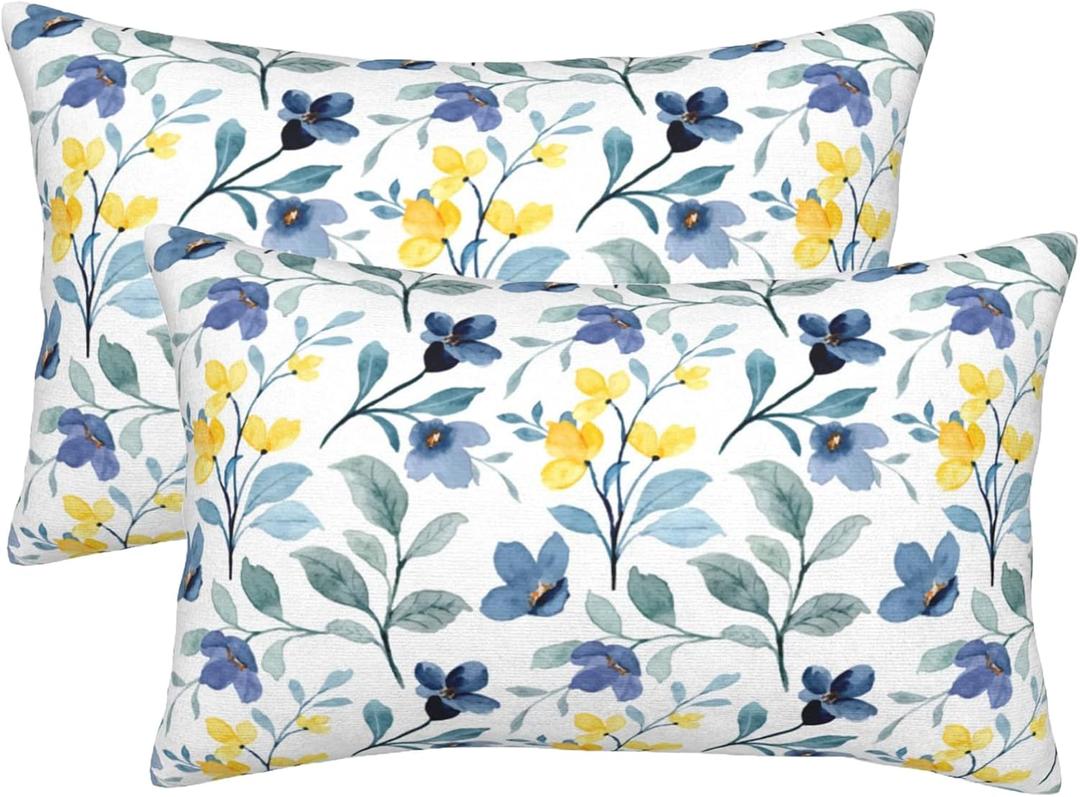 Yellow Blue Floral Pillow Covers 12x20 Inch Set of 2, Watercolor Sage Green Throw Pillows Farmhouse Spring Summer Outdoor Decorative Lumbar Pillow Case Square Cushion Covers for Home Sofa Bedroom