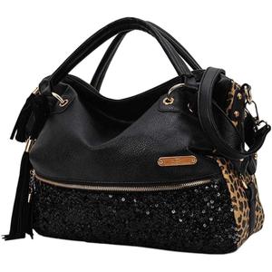 Women's Leopard Print Black Purse Handbag Hobo Style Sequin PU Leather Shoulder Bag